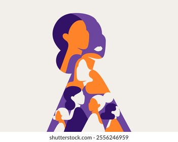 Different women inside big female silhouette in purple colors. Strong and brave girls support each other and feminist movement. Sisterhood and female friendship. Vector illustration