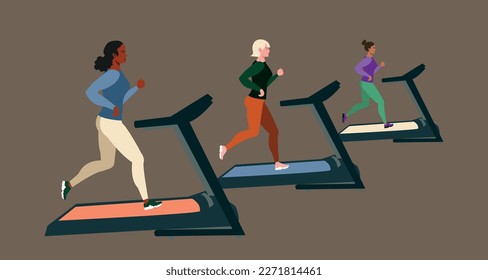 Different women jogging, jogging on a treadmill. Flat vector stock illustration. Woman runners isolated. Treadmill in the gym. Inclusive running. Different ethnic group. Vector graphics