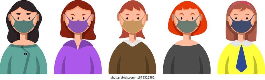 Different women in masks. People in medical masks, virus protection. Vector illustration.