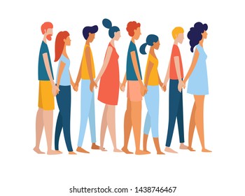 Different women and men group crowd holding hands together. Multiethnic diverse gruop of people. Rainbow colored vector illustration poster flat style