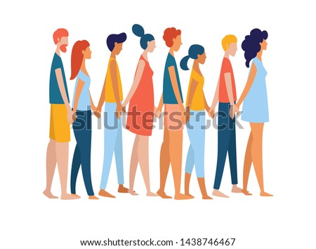 Different women and men group crowd holding hands together. Multiethnic diverse gruop of people. Rainbow colored vector illustration poster flat style