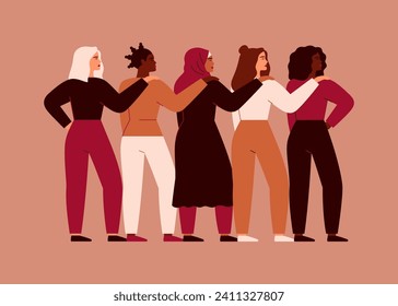 Diferentes mujeres se ponen las manos sobre los hombros como apoyo y ayuda. Ilustración de empoderamiento con cinco mujeres que se mantienen unidas. concepto vectorial de 8 de marzo