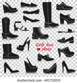 Different women shoes. Silhouette icons with reflection on transparent background. Vector illustration.