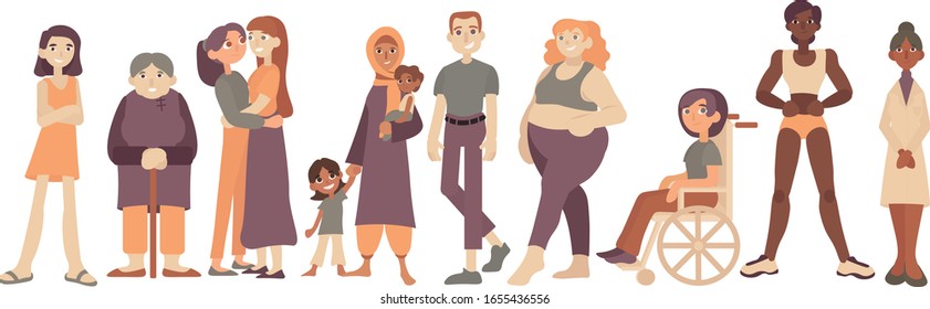 Different women stand. Flat vector set, pack