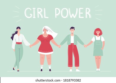 Different women stand in a row and hold hands. Female solidarity concept, girl power, body positive. Flat vector female characters