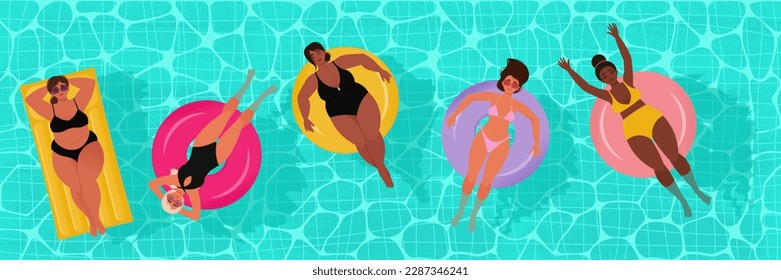 Different Women in swimsuits on an inflatable circle, people in the pool. Vector illustration in flat style