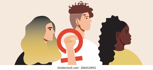 Different women, a symbol of feminism. Flat vector stock illustration. Women together. Afro woman, non-binary person. March 8 symbol. Vector illustration