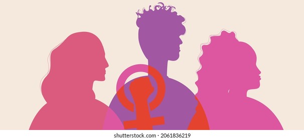 Different women, a symbol of feminism. Silhouette vector stock illustration. Women together. Afro woman, non-binary person. Hand as a symbol of gender equality. Silhouette illustration