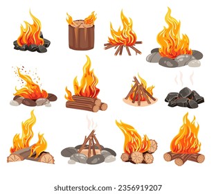 Different wood campfire and wild bonfire with burning timber and fiery flame blaze isolated set. Open fire in forest, camp or for outdoors picnic activity, warm extinct coals vector illustration