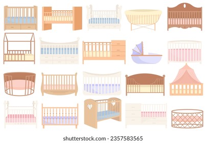 Diferentes muebles de cama de cuna de madera con grill protector y parrilladas para recién nacidos en el interior del dormitorio infantil. Niños lactantes durmiendo en un lugar con distintas formas y formas de ilustración vectorial