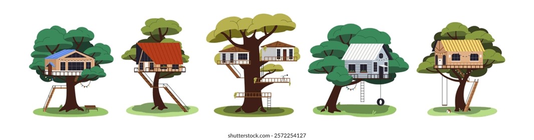 Different wooden treehouses set. Children houses on trees with green leaves. Cute kids cabins, buildings, huts, lodges with ladders to climb. Flat isolated vector illustrations on white background