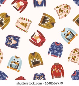 Different woolen ugly christmas sweater seamless pattern isolated on white background. Various winter knitwear pullover with christmas cozy image vector flat illustration. Colorful warm clothing