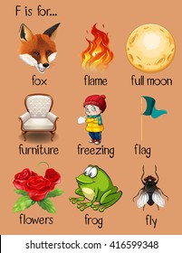 Different words begin with letter F illustration