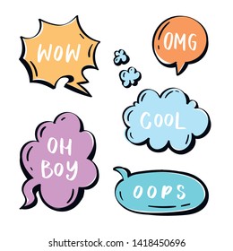 Different words and phrases in multicolor cartoon speech bubbles. Hand drawn slang lettering set for dialogs, messages, chats etc. Handwritten text in comic style and doodle frames - cool, omg, wow