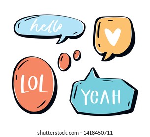 Different words and phrases in multicolor cartoon speech bubbles. Hand drawn slang lettering set for dialogs, messages, chats etc. Handwritten text in comic style and doodle frames - hello, yeah, lol