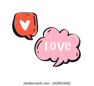 Different words and phrases in multicolor cartoon speech bubbles. Hand drawn slang lettering set for dialogs, messages, chats etc. Handwritten text about love in comic style and doodle frames