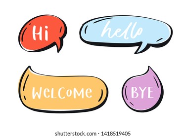 Different words and phrases in multicolor cartoon speech bubbles. Hand drawn slang lettering set for dialogs, messages, chats etc. Handwritten text in comic style and doodle frames - hi, hello, bye