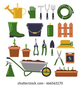 Different work tools for gardening. Vector icons set in flat style