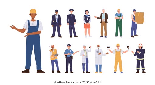 Different workers cartoon characters set with builder, pilot, policeman, doctor, deliveryman