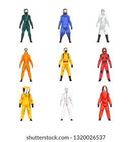 Different Workers in Protective Suits and Helmets Set, Professional Protective Uniform Vector Illustration