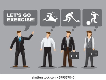 Different working adults think of different favorite sports and activities for exercise. Cartoon vector illustration on different preferences for sports among working adults.