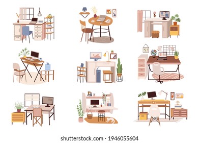 Different workplaces or home offices isolated scenes set. Desks, chairs, computers or laptops, plants, other objects. Bundle of modern interiors. Vector illustration in flat cartoon for web design