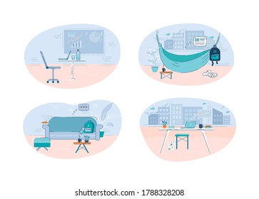 Different workplaces semi flat vector illustration. Modern working environment, remote employment. Living room, office, cafe and lounge zone 2D cartoon interiors pack for commercial use