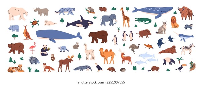 Different world animals set. Cute childish fauna, wildlife. Wild land and sea mammals, birds. Various bears, whale, kangaroo species. Flat graphic vector illustrations isolated on white background