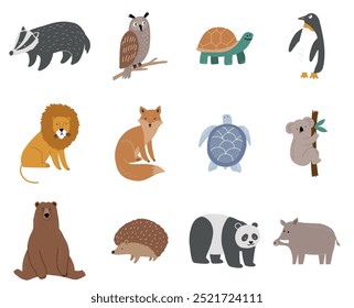 Unterschiedliche Tiere der Welt. Süße kindische Fauna, Tierwelt. Vektorgrafik. Badger, Bär, Pinguin, Schildkröte, Fuchs, Löwe, Koala, Igel, Panda, Wildschwein.