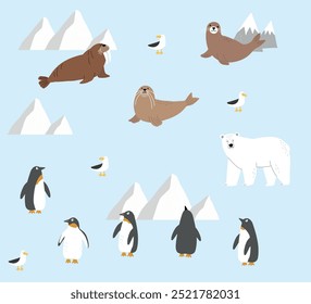 Unterschiedliche Tiere der Welt. Süße kindische Fauna, Tierwelt. Vektorgrafik. Tiere des Nordens, Walrosse, Robben, Pinguine, Vögel, Eisbären.