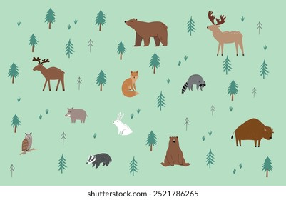 Unterschiedliche Tiere der Welt. Süße kindische Fauna, Tierwelt. Vektorgrafik. Tiere, die im Wald leben: Fuchs, Bär, Elch, Waschbär, Wildschwein, Bison, Hase, Adlereule.