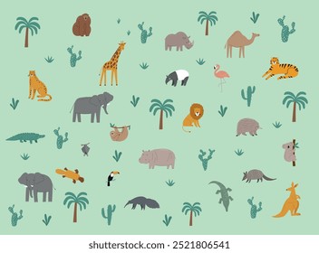 Diferentes animales del mundo establecidos. Linda fauna infantil, fauna silvestre. Animales tropicales, pantera, rinoceronte, tigre, león, elefante, canguro, cocodrilo, perezoso, oso hormiguero, jirafa, ornitorrinco, tucán, flamenco.