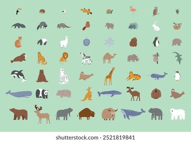 Unterschiedliche Tiere der Welt. Süße kindische Fauna, Tierwelt. Vektorgrafik. Tropische, nördliche, marine, Waldtiere.