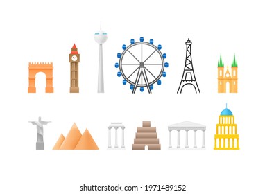 Different world architecture sights isolated on white background
