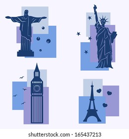 Different world landmarks illustration, vector icons set
