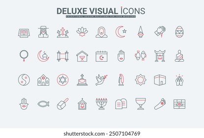 Different world religion line icons set. Christianity and Buddhism, Islam and Judaism temples and religious elements, holy book and prayer thin black and red outline symbols vector illustration