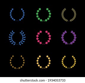 Different wreath colored icon set. Circular and one award, heraldry wreath. Collection of wreaths depicting success, victory, crown, winner, ornate, vector icon illustration.