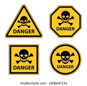 Different yellow danger warning road sign with skull and crossbones vector illustration