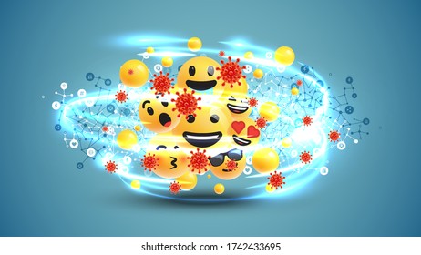 Verschiedene gelbe Emoticons und Blasen rund um den Globus mit hellen Wirlen und Coronavirus, Vektorgrafik