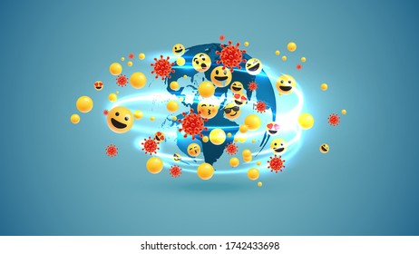 Diferentes emoticonos amarillos y burbujas alrededor del mundo con movimientos de luz y coronavirus, ilustración vectorial