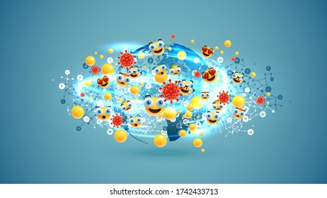 Different yellow emoticons and bubbles around the globe with light swirls and coronavirus, vector illustration