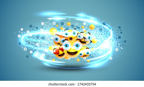 Different yellow emoticons and bubbles with light swirls and network, vector illustration