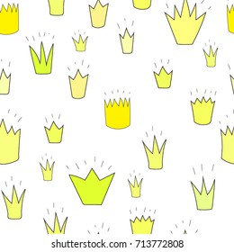 different yellow, golden crowns drawn in a naive style, children's drawing. Freehand drawing vector with doodles. modern seamless pattern.
