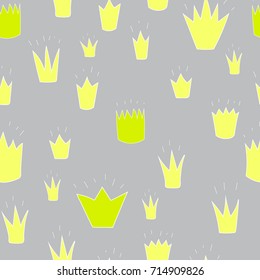 different yellow, golden crowns drawn in a naive style, children's drawing. seamless pattern.  Freehand drawing vector  with doodles. modern seamless pattern.Sketch. 
