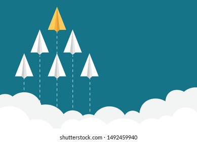 Different yellow paper plane with white clouds.Team leader for success. Business management concepts. Vector illustration in flat design. Copy-space for text.