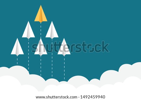 Different yellow paper plane with white clouds.Team leader for success. Business management concepts. Vector illustration in flat design. Copy-space for text.