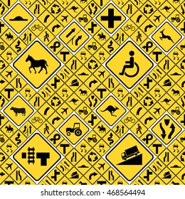 A lot of different yellow road signs seamless pattern