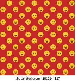 Different yellow smiley faces with smile, laugh, sad, surprise with red background repeat pattern