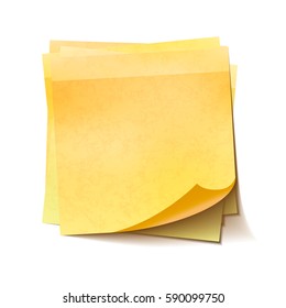 Different yellow sticky notes in pile isolated on white background