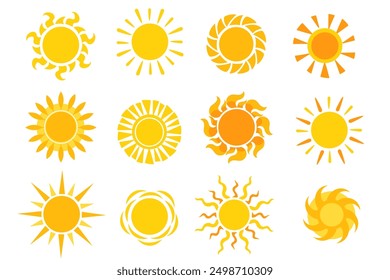 Different yellow sun icons. Summer sunshine. Various shape and number of rays. Decorative heavenly bodies. Sunny weather. Sunrise sunlight. Good morning elements